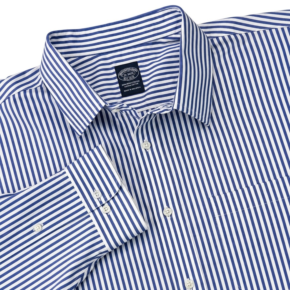 Brooks Brothers 1818 Mens Dress Shirt 20 34/35 Blue White Stripe Supima Stretch